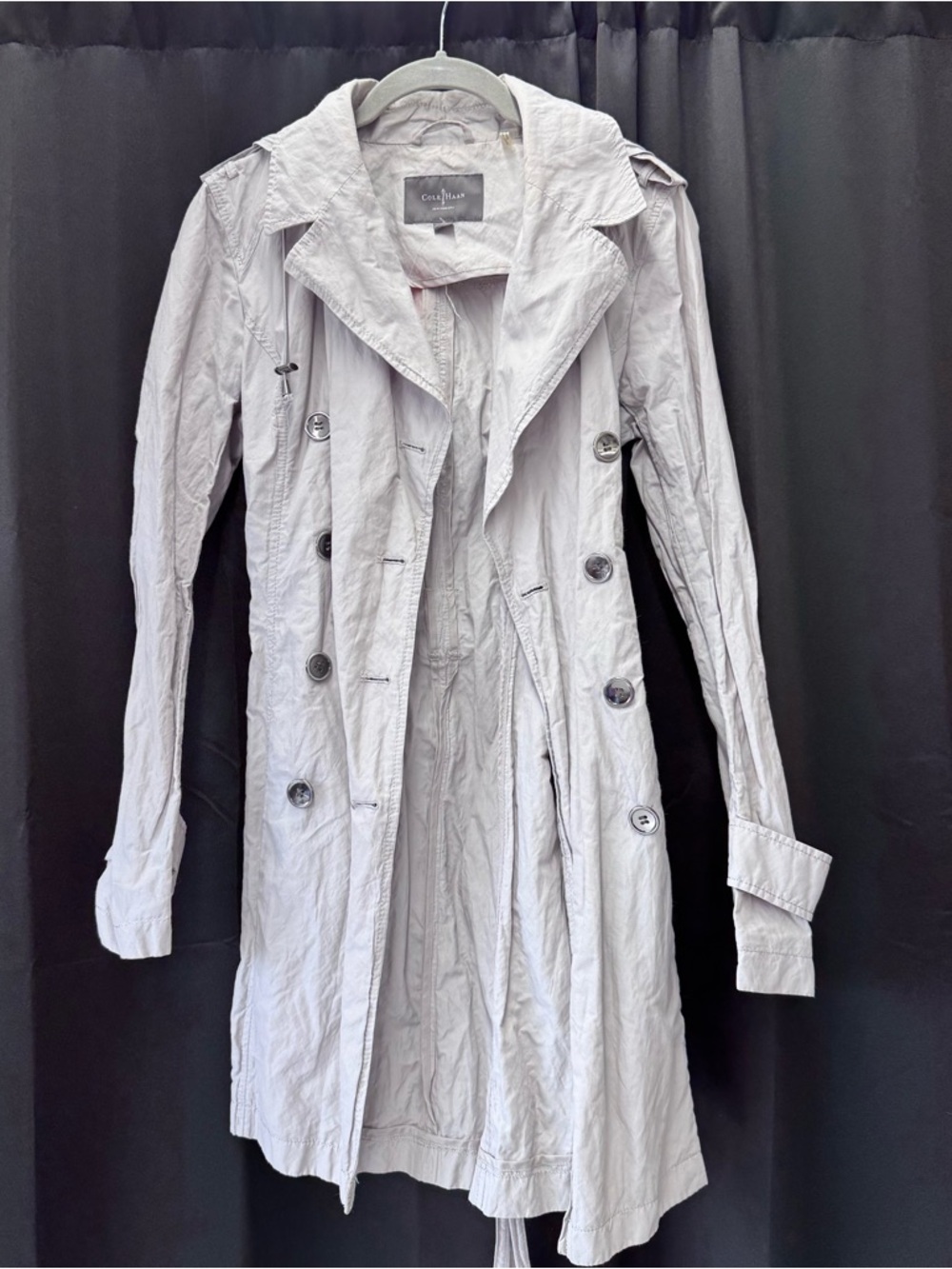 Cole Haan Pale Gray Double-Breasted Trench Coat